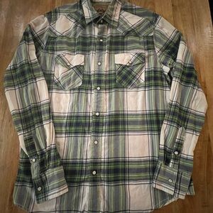 Red Camel Green and Cream Plaid Western Pearl Snap Shirt